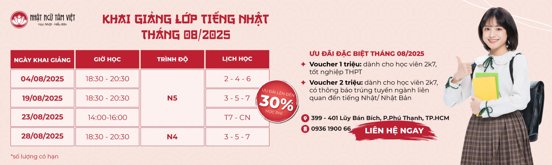 Nhật Ngữ Tâm Việt - Lịch khai giảng tháng 8/2025